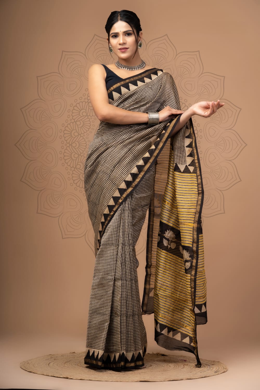 Hand block Ajrkh Bagru Dabu printed chanderi silk Sarees