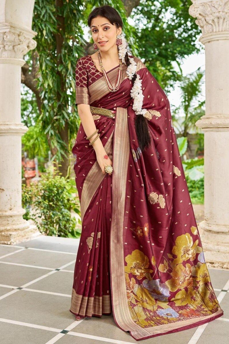 Noor-e-Kasak – Royal Maroon Floral Silk Saree