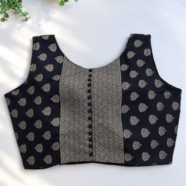 Front view of heavy banarasi silk blouse with boatneck and front open design