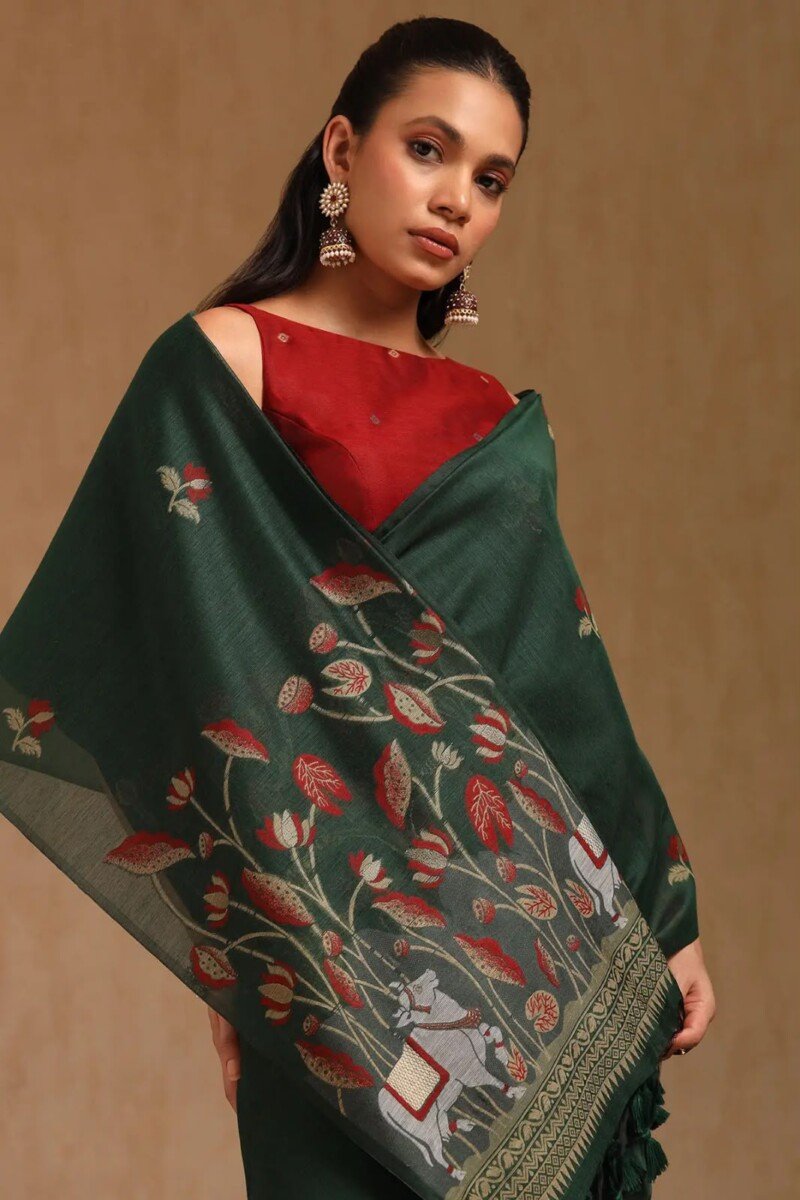 Green Muga Cotton Saree with Red Floral Pichwai Weaving