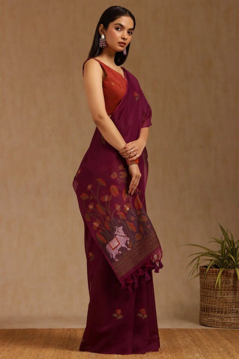 Wine Maroon Muga Cotton Saree with Pichwai Floral Weaving