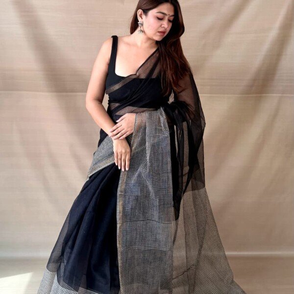 Black Kota Doriya saree with grey printed panels and gold border
